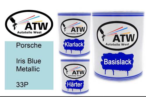 Porsche, Iris Blue Metallic, 33P: 1L Lackdose + 1L Klarlack + 500ml Härter - Set, von ATW Autoteile West.